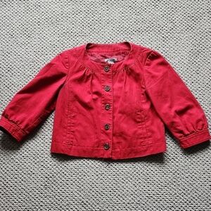 Ann Taylor Barn Red Twill Button-Up Crop Collarless Jacket 3/4 sleeve 4P-Small